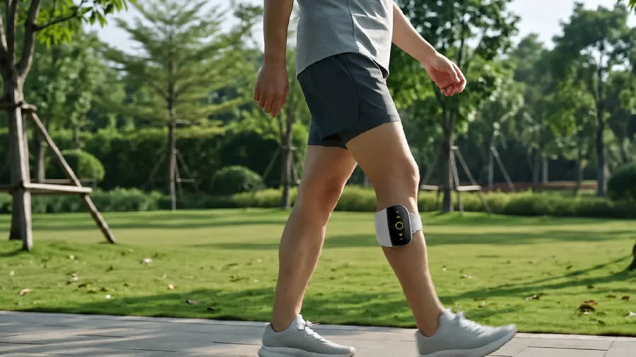 Pessoa caminhando por um parque com o G4 preso logo abaixo do joelho