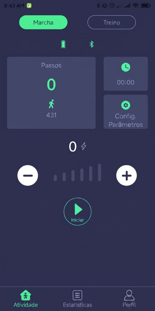 Tela real do aplicativo Foot Drop Rehab mostrando modo Gait, passos, configurações de parâmetros e controle de estimulação